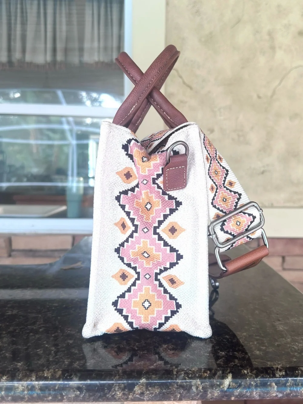 WRANGLER ~ Multicolored Aztec Pattern Design Canvas and Faux Leather Bag